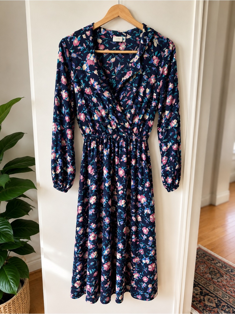 Floral V-Neck Long Sleeve Dress in Black with Pink & Teal Flowers